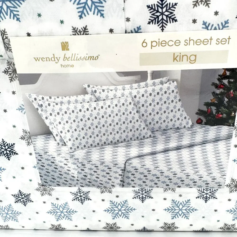 Wendy Bellissimo 6 pc KING Snowflake Winter Christmas Sheet Set Blue Snowflakes